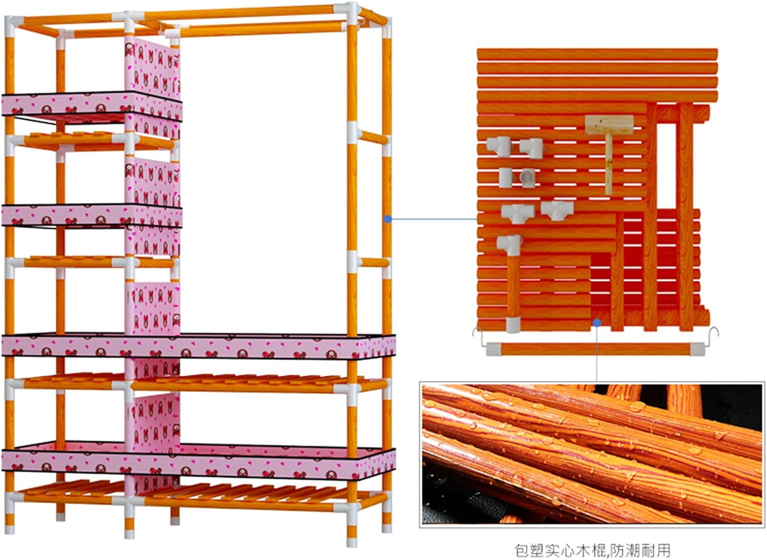 Pink Wardrobe, Simple Fabric Canvas Cupboard Large Bedroom Storage Organizer Multifunction Clothing Organizer Shelves with Side Pockets(Size:170 * 100CM) (Pink 170 * 100CM)