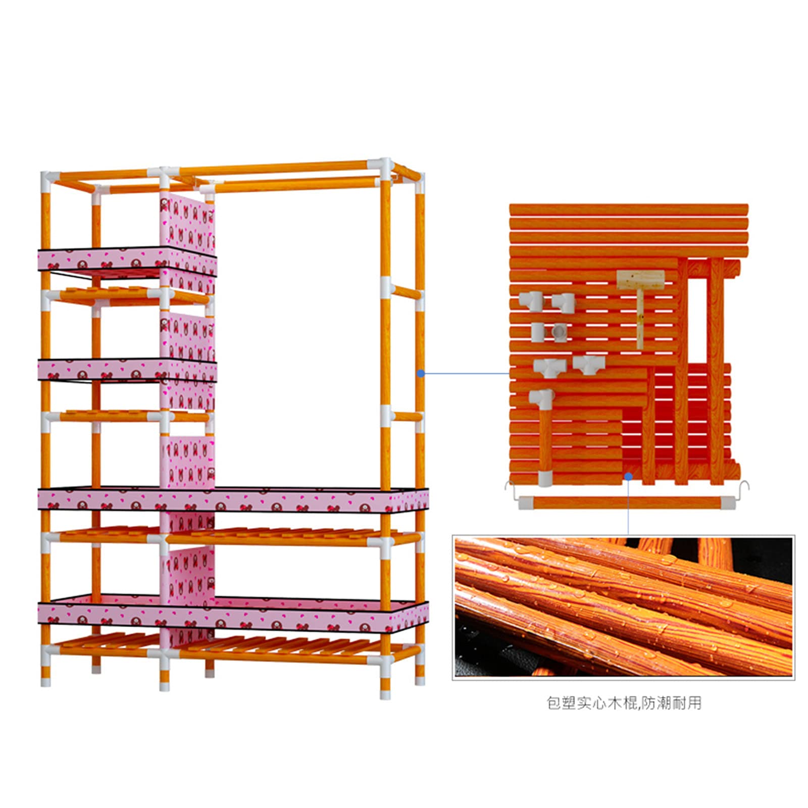 EsEntL Guardaroba Rosa, Semplice Armadio in Tela di Tessuto, Grande Camera da Letto, Organizer Multifunzionale per Vestiti, scaffali con Tasche Laterali (Dimensioni: 170 * 146 cm)