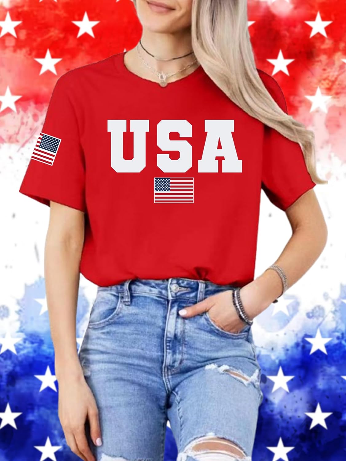USA Flag Shirts for Women: Vintage American Flag Graphic Tshirts 4th of July Tees Patriotic Blouse Tops - Image 3