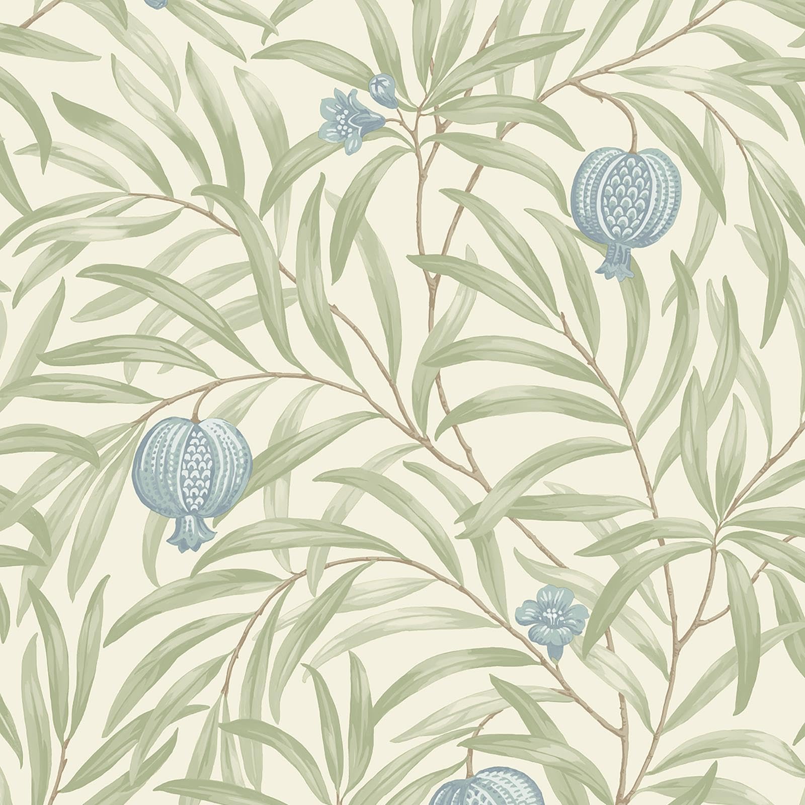 Pomegranate Blue Sage Green Wallpaper - Leaves Botanical Tropical Modern Contemporary - Stylish Feature Wall