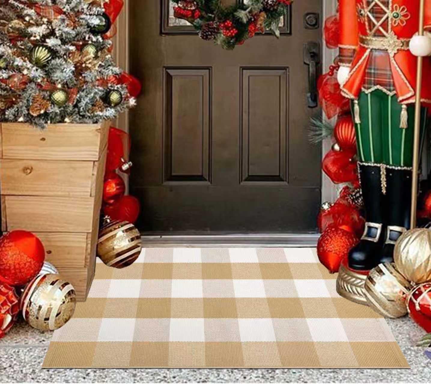 Khaki and White Layered Doormat 24x35 Buffalo Plaid Front Porch Rug Cotton Woven Machine Washable Reversible Farmhouse Front