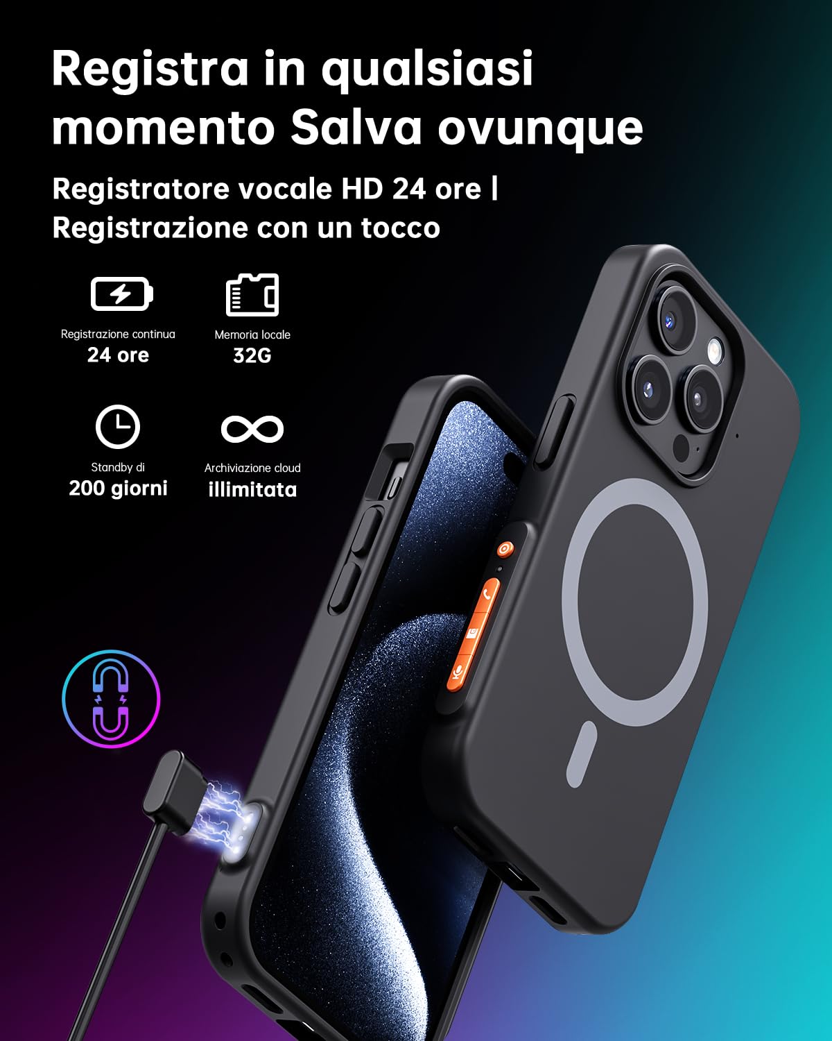 Registratore Vocale AI Custodia per Telefono, Memoria 32GB, Oltre 80+ Lingue, Trascrizione e Riassunto Automatico, Controllo App, per Riunioni/Interviste/Lezioni, Compatibile con iPhone 15promax
