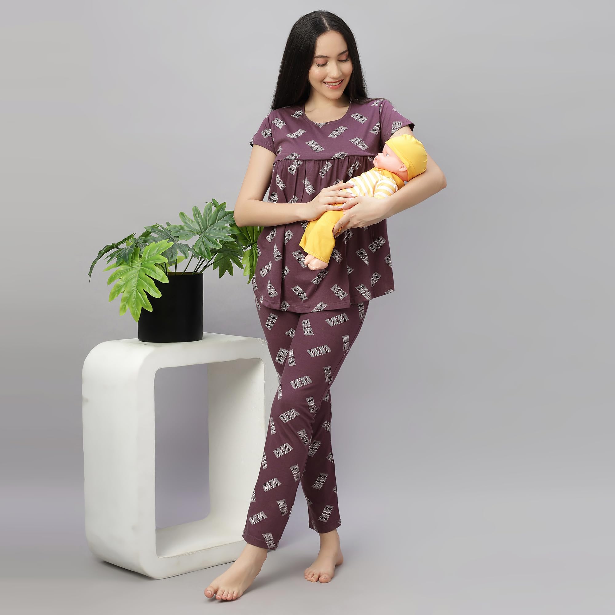 DZZO New Women's Cotton Printed Maternity Night Suit | Comfortable Feeding Night Dress | Soft & Breathable Nursing Pajama Set | Color - Brown, Size - XL - Image 6 thumbnail