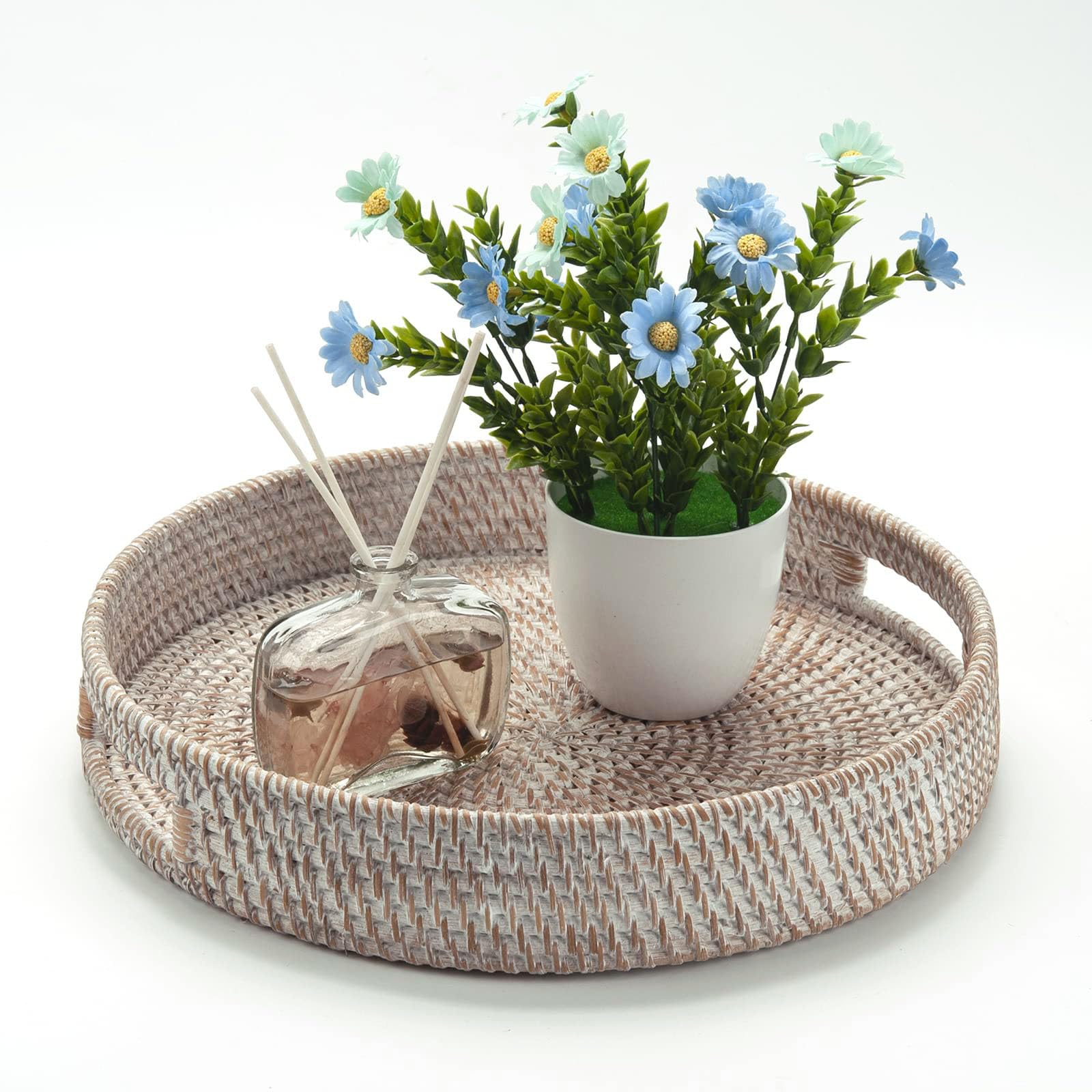 Bandeja Redonda de Ratán con Asas, Bandeja de Servir de Mimbre Tejida Decorativa para Mesa de Café, Cocina, Sala de Estar (Blanco, 36 cm)