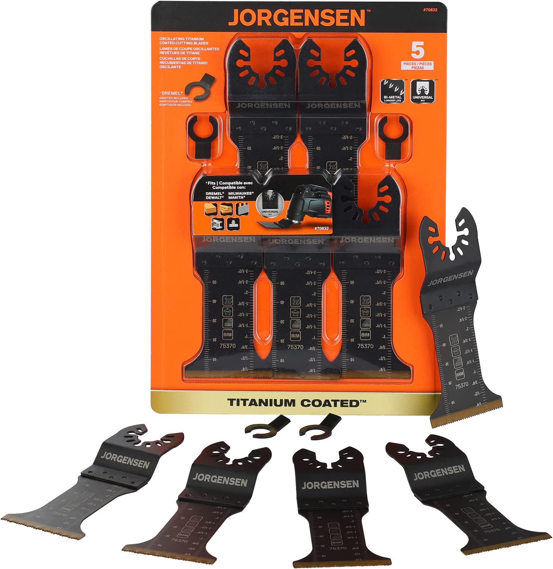 Jorgensen5 Pack Oscillating Saw Blades, Bi-Metal Multitool Blades with 2 Adapters, Titanium Coated High-Speed Steel Universal Multi Oscillating Tool Blade Kits for Plunge/ Flush Cut to Multi-Material
