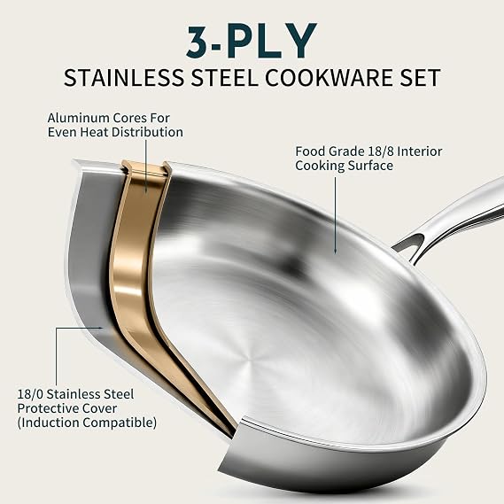 3 Ply Stainless Steel Cookware Set, AIVIKI 10-Pieces Pots and Pans Set, Induction Kitchen Cookware Set, Oven Safe to 500F, Chef Quality Cooking Set w/Fry Pans, Saucepans, Dutch Oven, Kitchen Essential