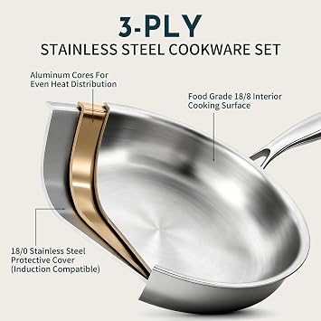 3 Ply Stainless Steel Cookware Set, AIVIKI 10-Pieces Pots and Pans Set, Induction Kitchen Cookware Set, Oven Safe to 500F, Chef Quality Cooking Set w/Fry Pans, Saucepans, Dutch Oven, Kitchen Essential