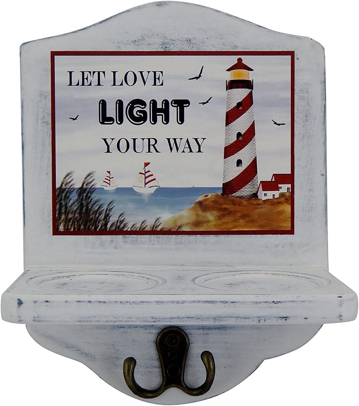 Weathered Lighthouse Candle Holder Shelf with Key Hooks Decorative Wall Plaque