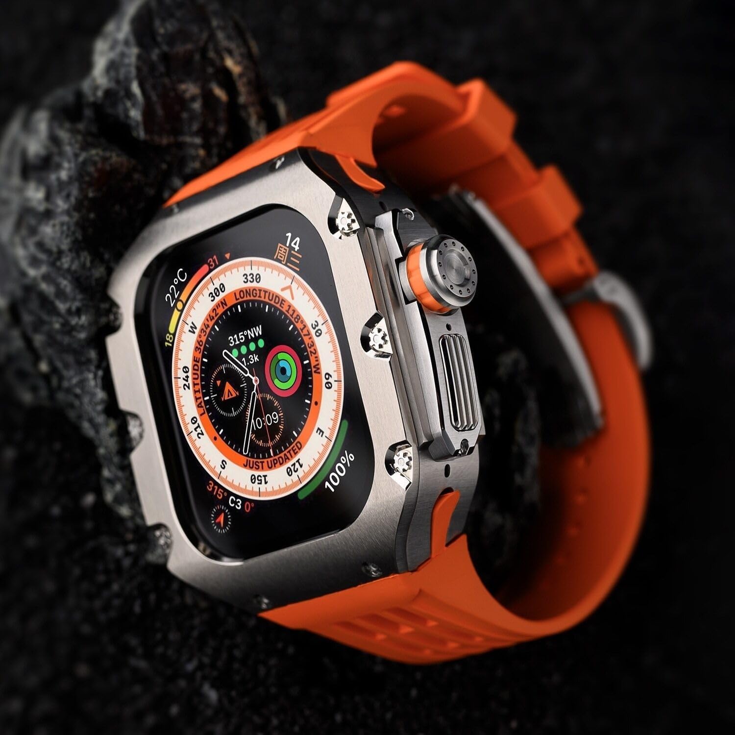 Tytanowa metalowa obudowa do zegarka gumowa opaska zestaw modów, do Apple Watch Series Ultra 2 49 mm akcesoria zastępcze, mężczyźni kobiety styl Rm etui do zegarka zestawy modyfikacji paska