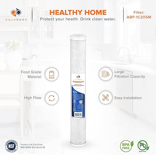 Miniatura 4 de Premium Aquaboon 20 x 2.5 pulgadas 5 micras  Cartucho universal de coco para todo el hogar  Reemplazo del filtro de agua de carbono para toda la
