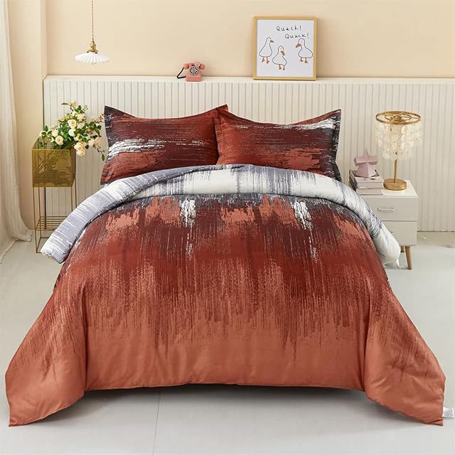 Brown Duvet Cover Ombre Reversible Bedding Set Soft Microfiber Striped Duvet Cover 2 Pillowcases with Zipper Closure for Kids Teens Adults (Double Size 3PCs 200x200cm)