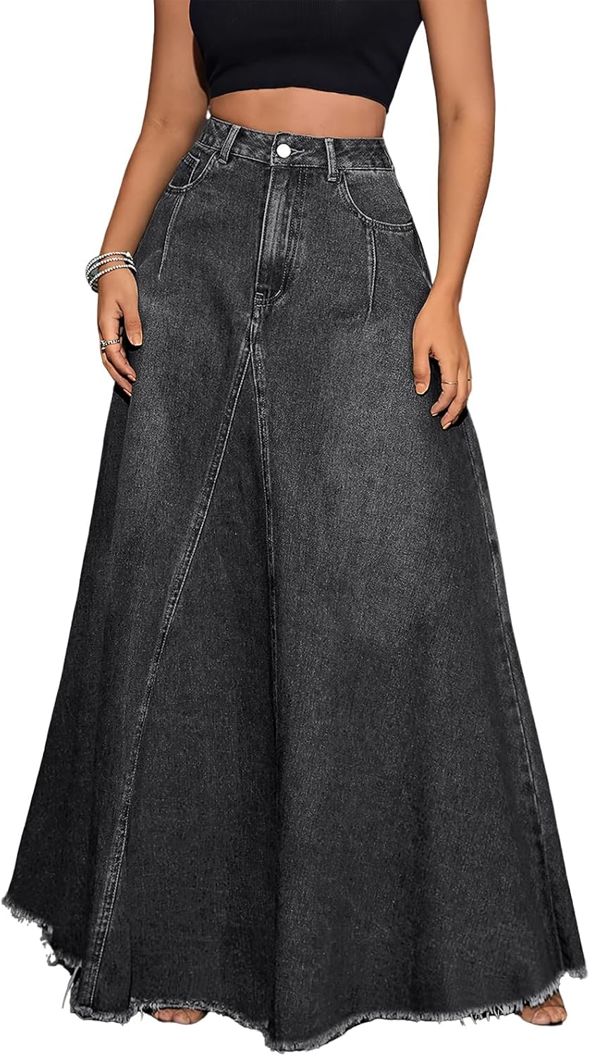 ebossy Women's Retro Distressed High Waist Frayed Hem A Line Wash Maxi Long Denim Skirt with Pockets