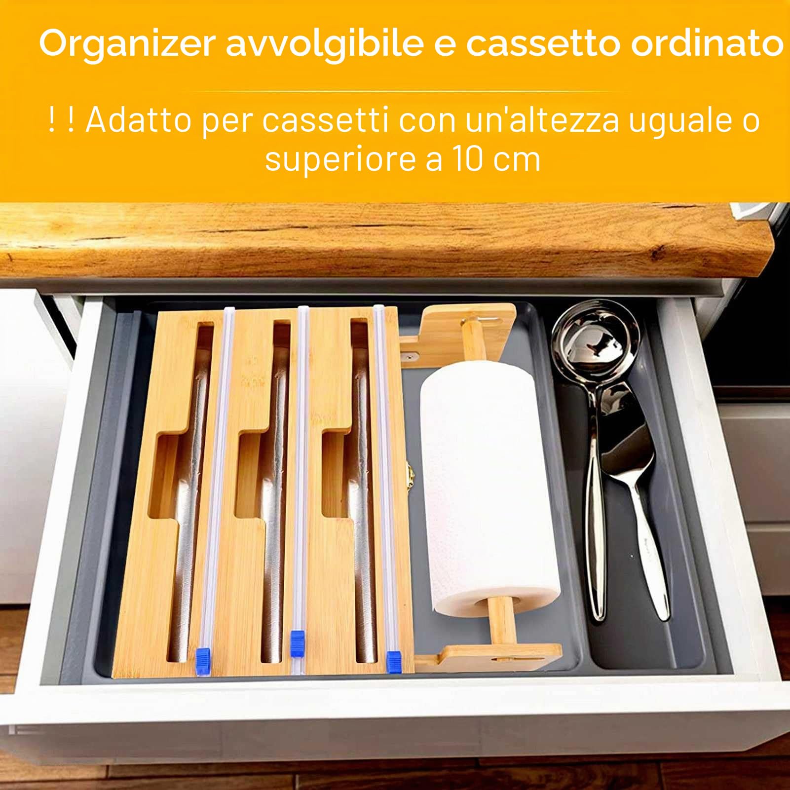 Dispenser e taglierina 4 in 1 per pellicola trasparente, pellicola trasparente, foglio di alluminio e carta cerata, organizer da cucina per 12 rotoli, compatibile con cassetti da parete, porta rotolo