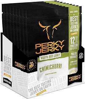Perky Jerky Wagyu Beef, Chimichurri, 2.2 Ounce (Pack of 8) - 200mg sodium - 12g Protein per serving - Low Fat - 100% US Sourced - Tender Texture