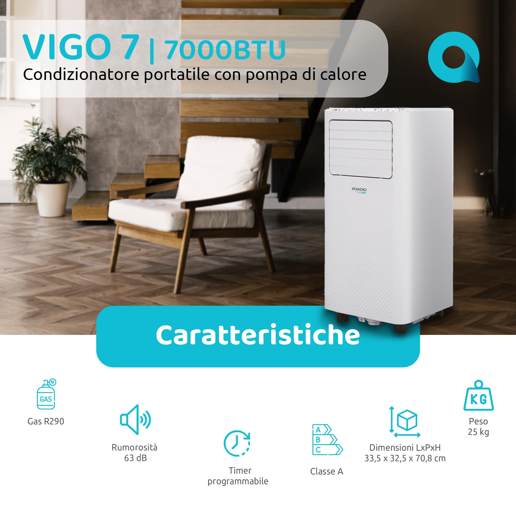 VIGO 7, Condizionatore Portatile 7000 BTU con Pompa Calore e Deumidificatore, Tubo Scarico Aria Posteriore, Gas R290, Telecomando Wireless, Timer programmabile, Ruote, 63dB