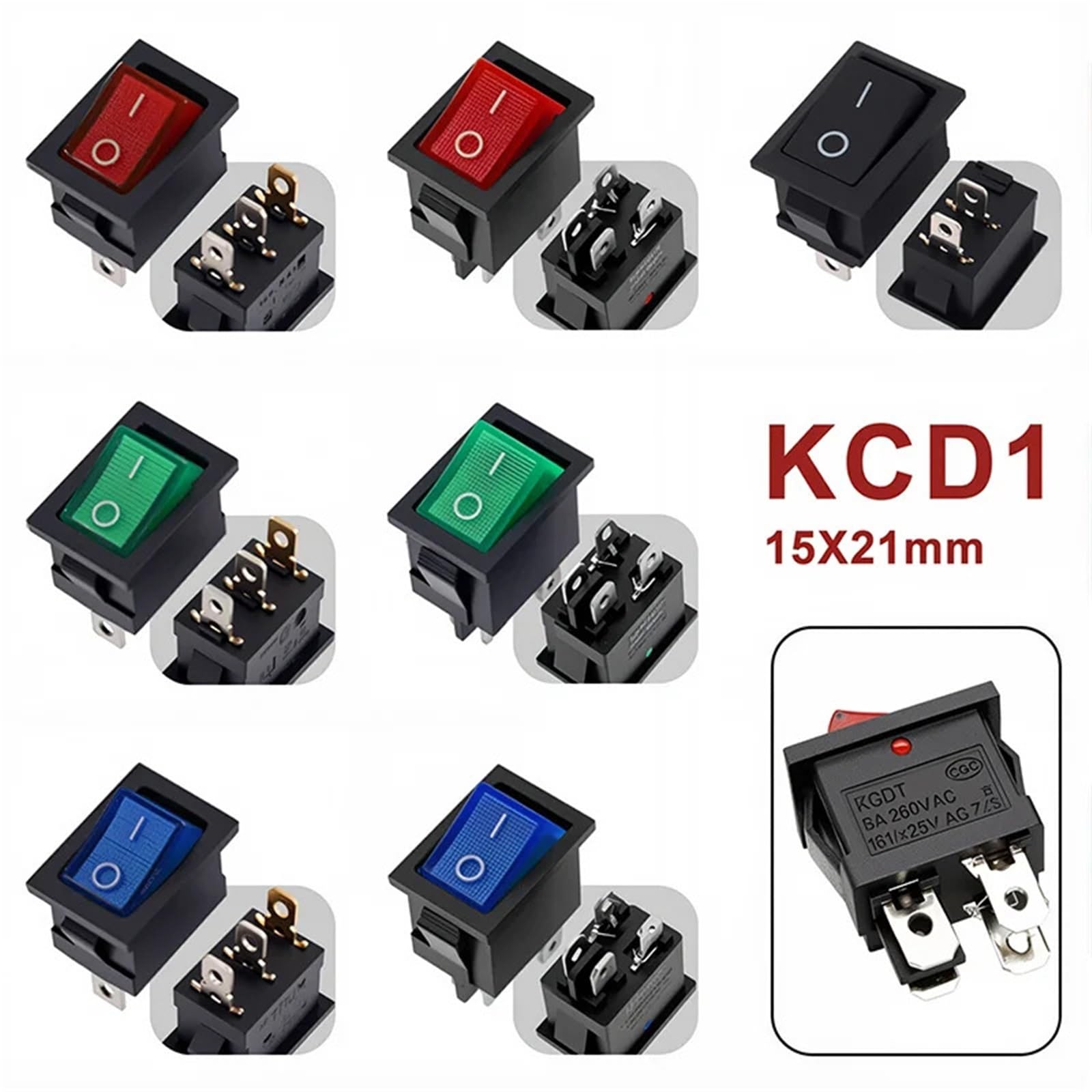 Interruptor basculante KCD1 de 2 y 3 pines for barco o coche, 6 A/10 A, 250 V/125 V CA, botón rojo, verde y azul, 5/20 unidades(4Pin Blue LED,20PCS)