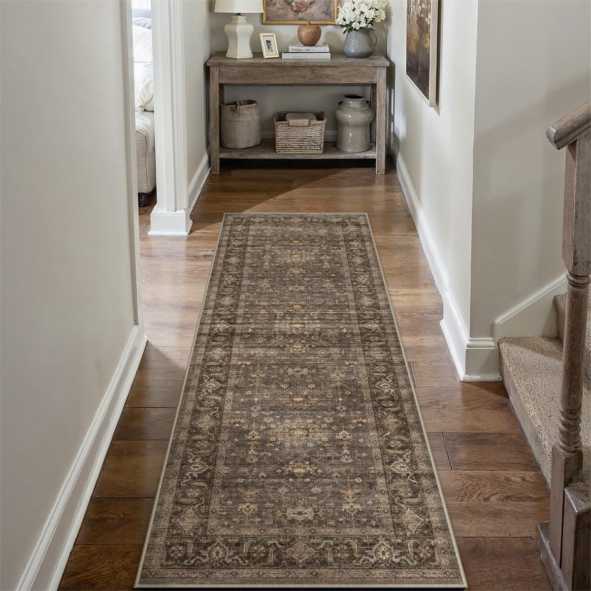 2x6 Washable Runner Rug for Hallway Kitchen Vintage Brown Non Slip Low Pile Carpet Traditional Retro Soft Throw Rug for Bathroom Bedroom Entryway Indoor Entrance - Image 3