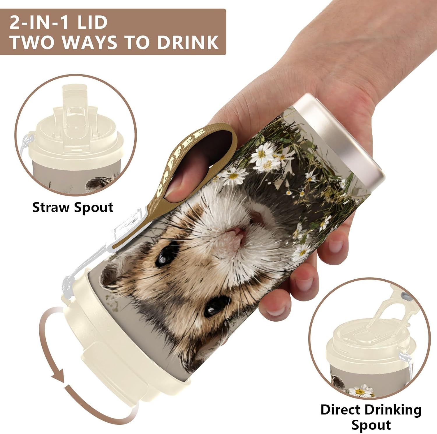 Hamster Daisy Insulated Coffee Mug with Straw & Flip Lid, 16.9oz Iced Tumbler Cup, Double Wall Vacuum Mug for Travel Office