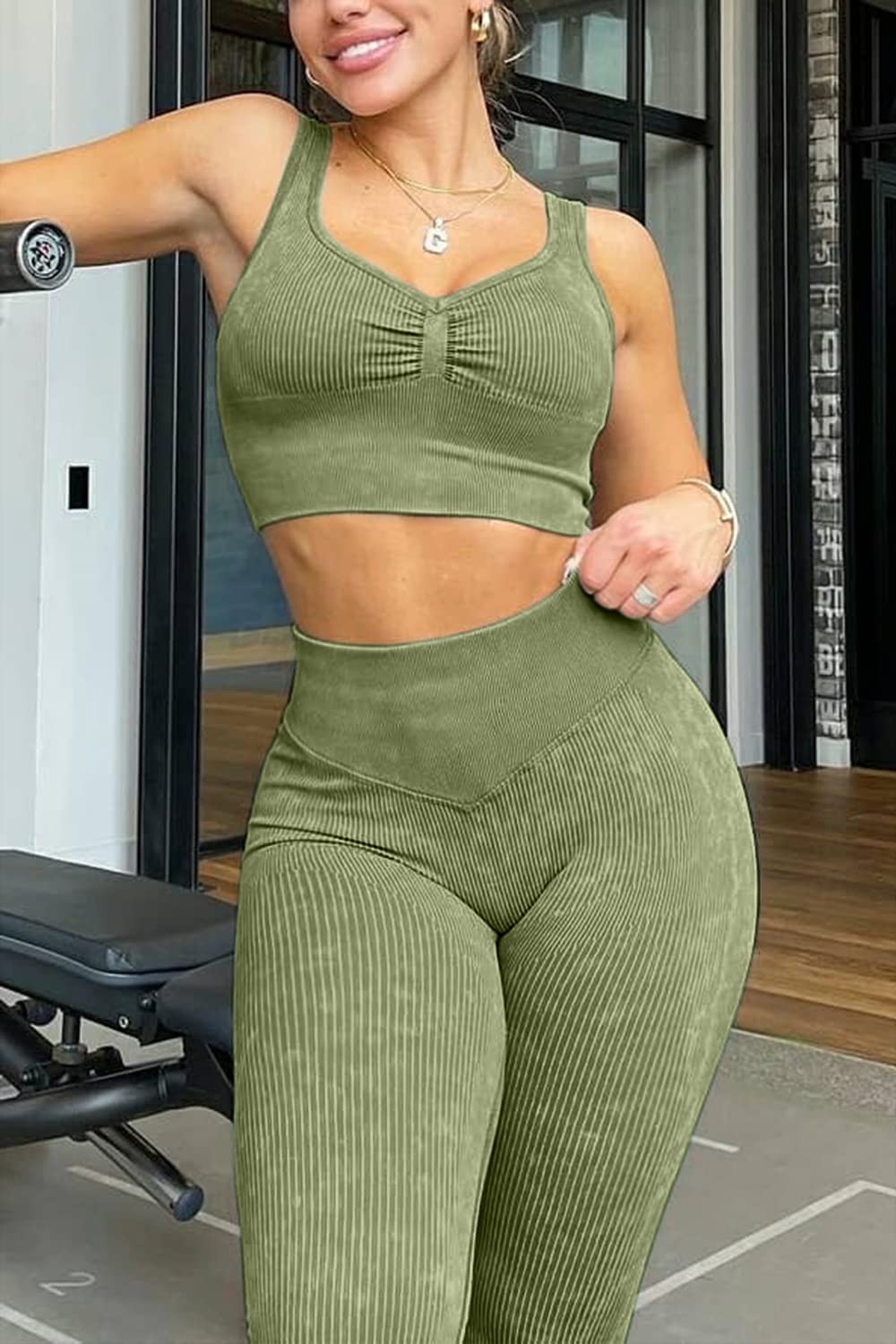 Conjunto de entrenamiento de 2 piezas para mujer, acanalado, sin costuras, cintura alta, leggings a juego, gimnasio, yoga