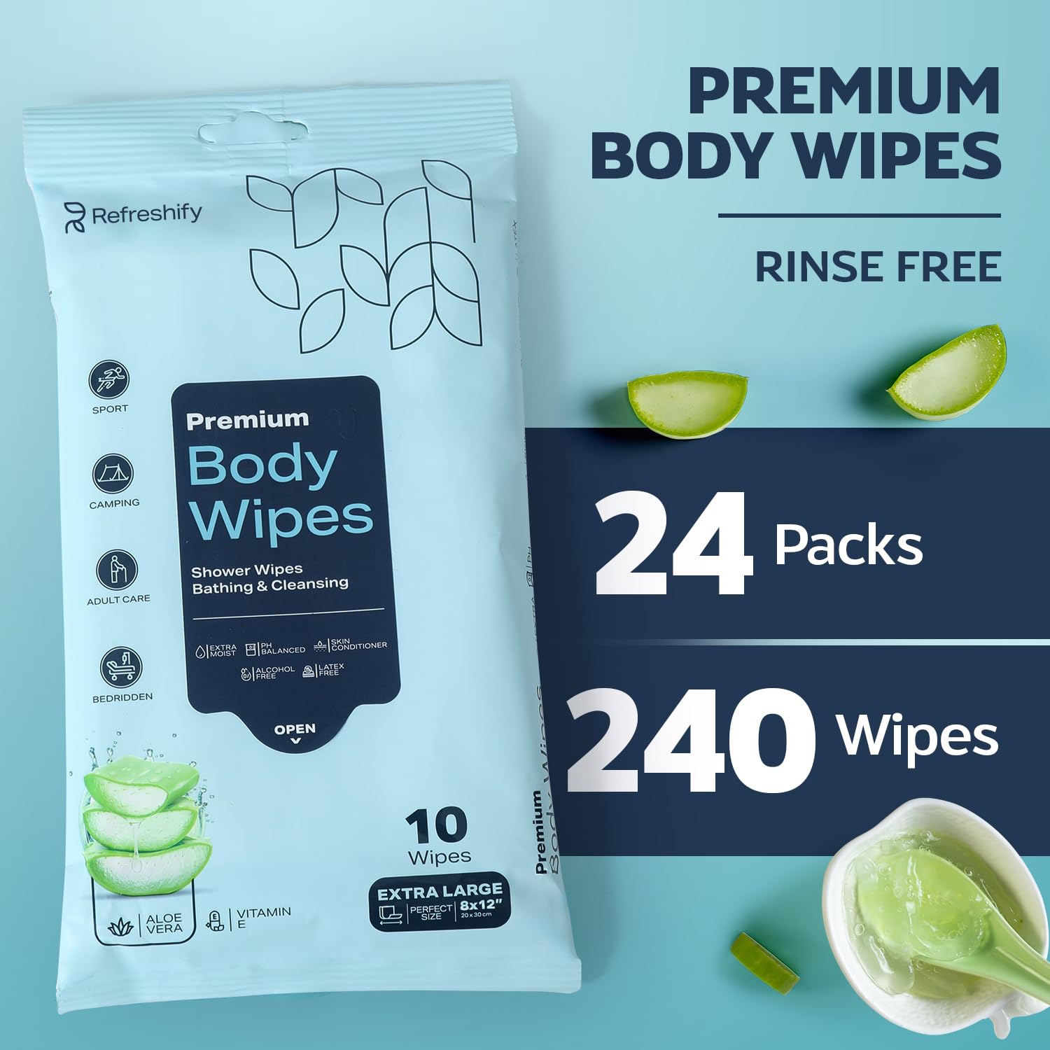 240 XL Shower Wipes – Body Wipes for Adults Bathing No Rinse – 24 Packs of 10 – Extra Moist Bath with Aloe & Vitamin E for Camping, Travel, Gym & Bedridden Care