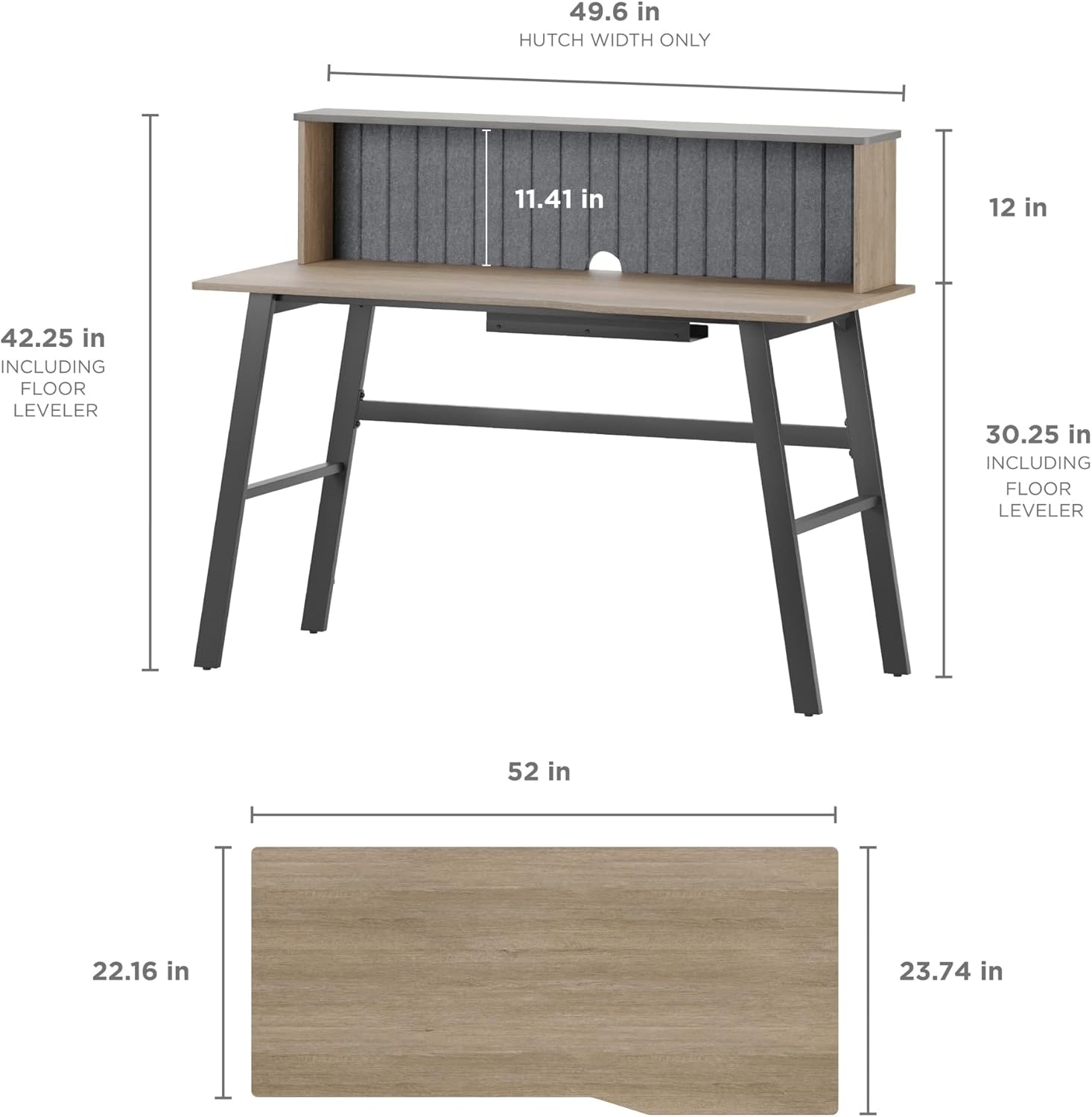 Detailed dimensions diagram for the Realspace Nashira 52-inch Computer Desk with Detachable Hutch, showing overall width, height, and hutch dimensions.