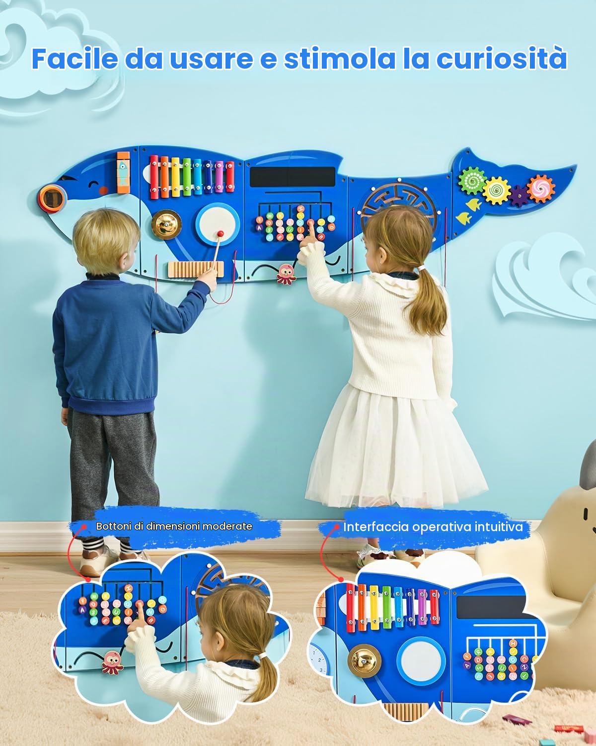VEVOR Pannelli da Parete per attività con Orca, 12Attività, Giocattolo Sensoriale da Parete per Bambini, attività di Apprendimento Montessori, per Sala Giochi, Asilo Nido 1525 x 390 x 53 mm