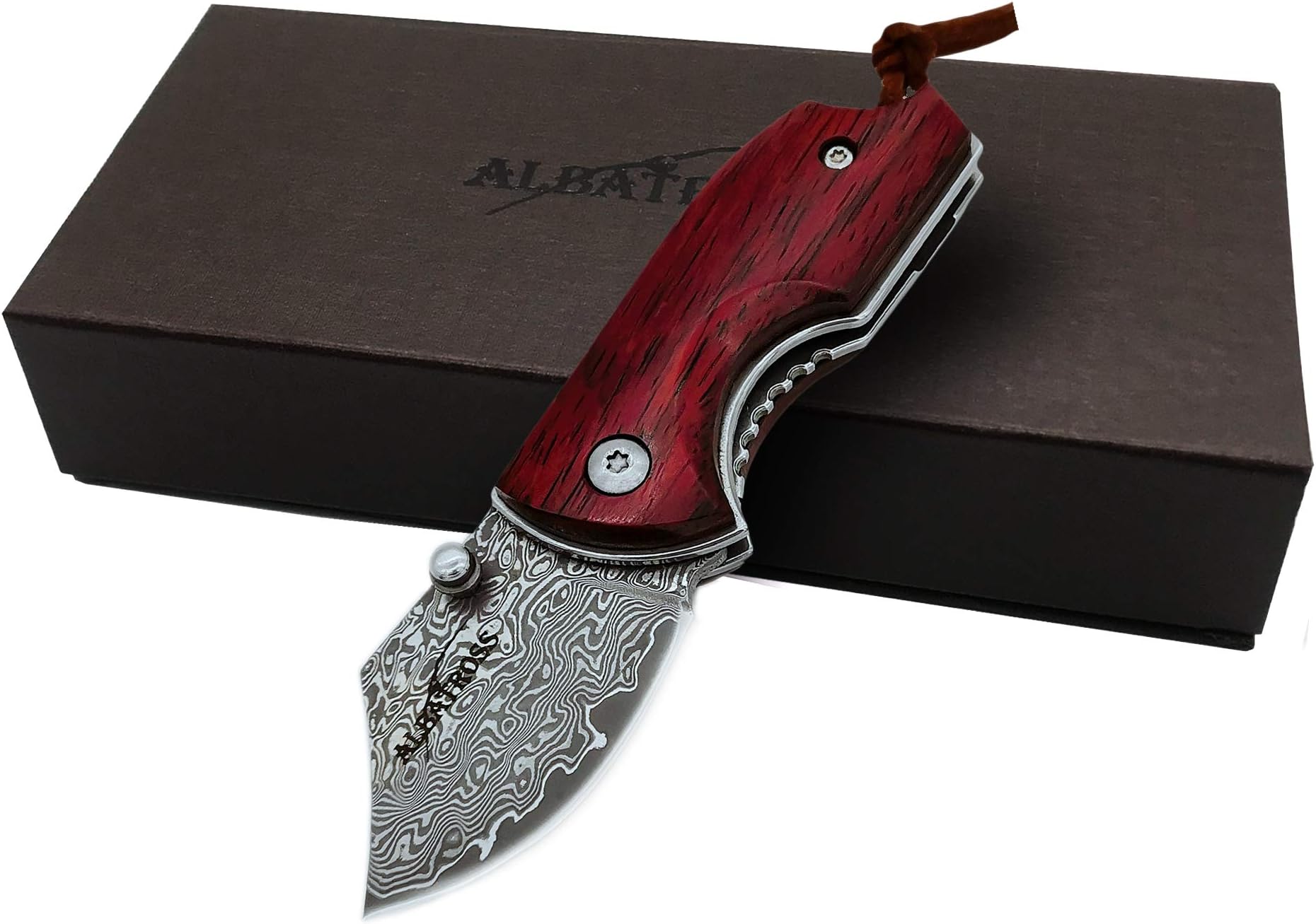 ALBATROSS Pocket Knife Red Sandalwood Damascus Steel Knife Liner Lock Knife, 4.25"-Overall, HGDK017