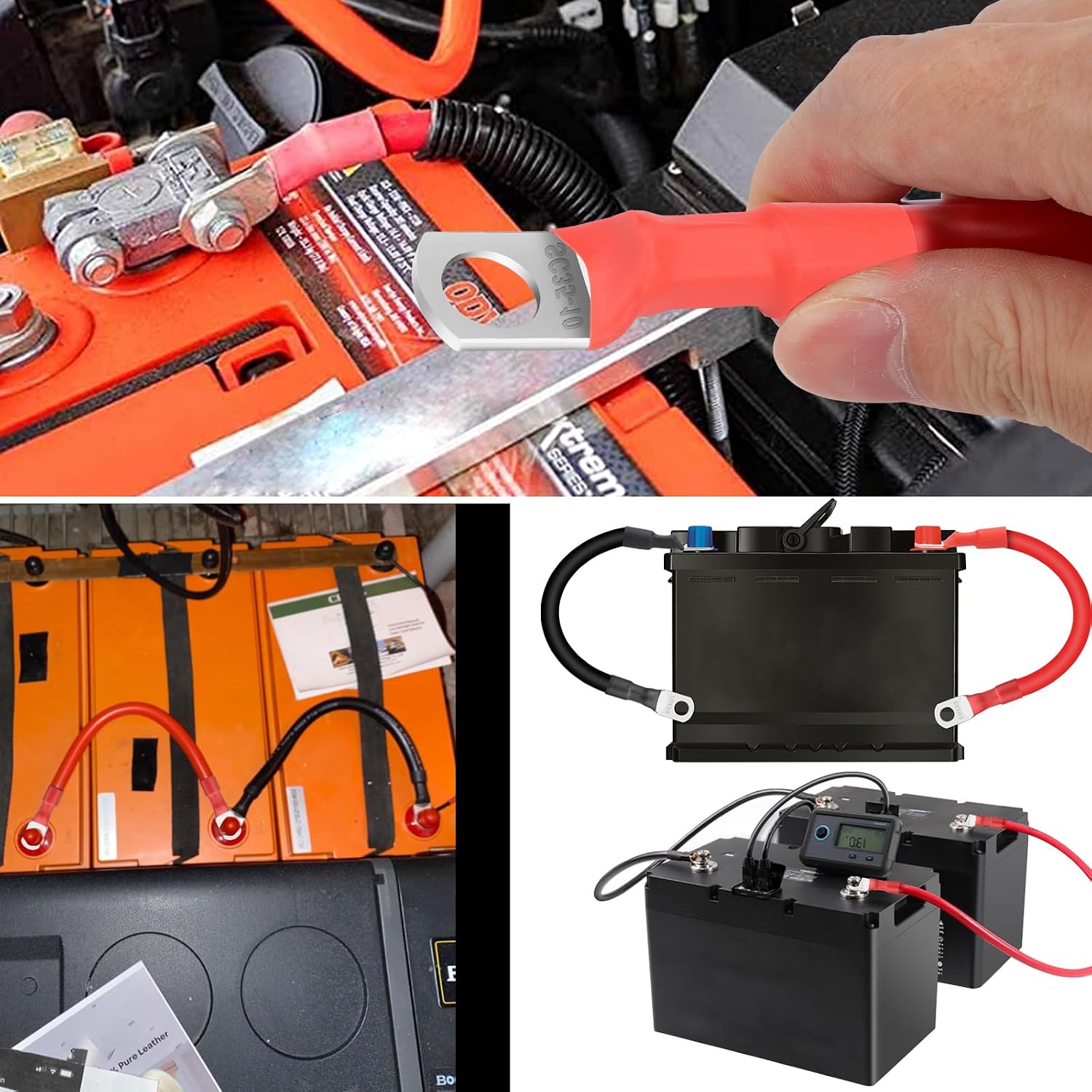 4PCS 2 AWG Battery Cables 12 Inch, Heavy Duty 2 Gauge Pure Copper Battery Inverter Cables with 3/8" Tinned Copper Ring Terminals, for 12V-24V RV, Marine, Solar, Truck and Automotive (1FT)