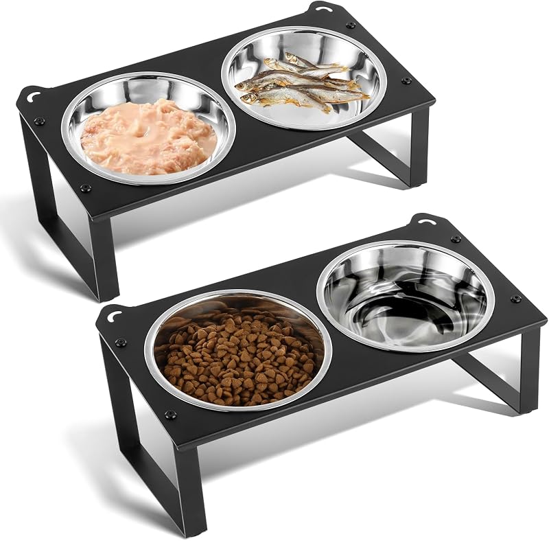 Potes elevados para gatos com suporte metálico e tigelas de aço inoxidável inclinadas a 10° Aomafamzoy, 400 mL, Pacote com 2