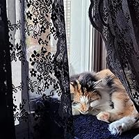 Vista 4 de YJ YANJUN Cortinas traslúcidas negras de 54 pulgadas de largo, panel de cortina de encaje gótico victoriano para cocina, cortinas cortas