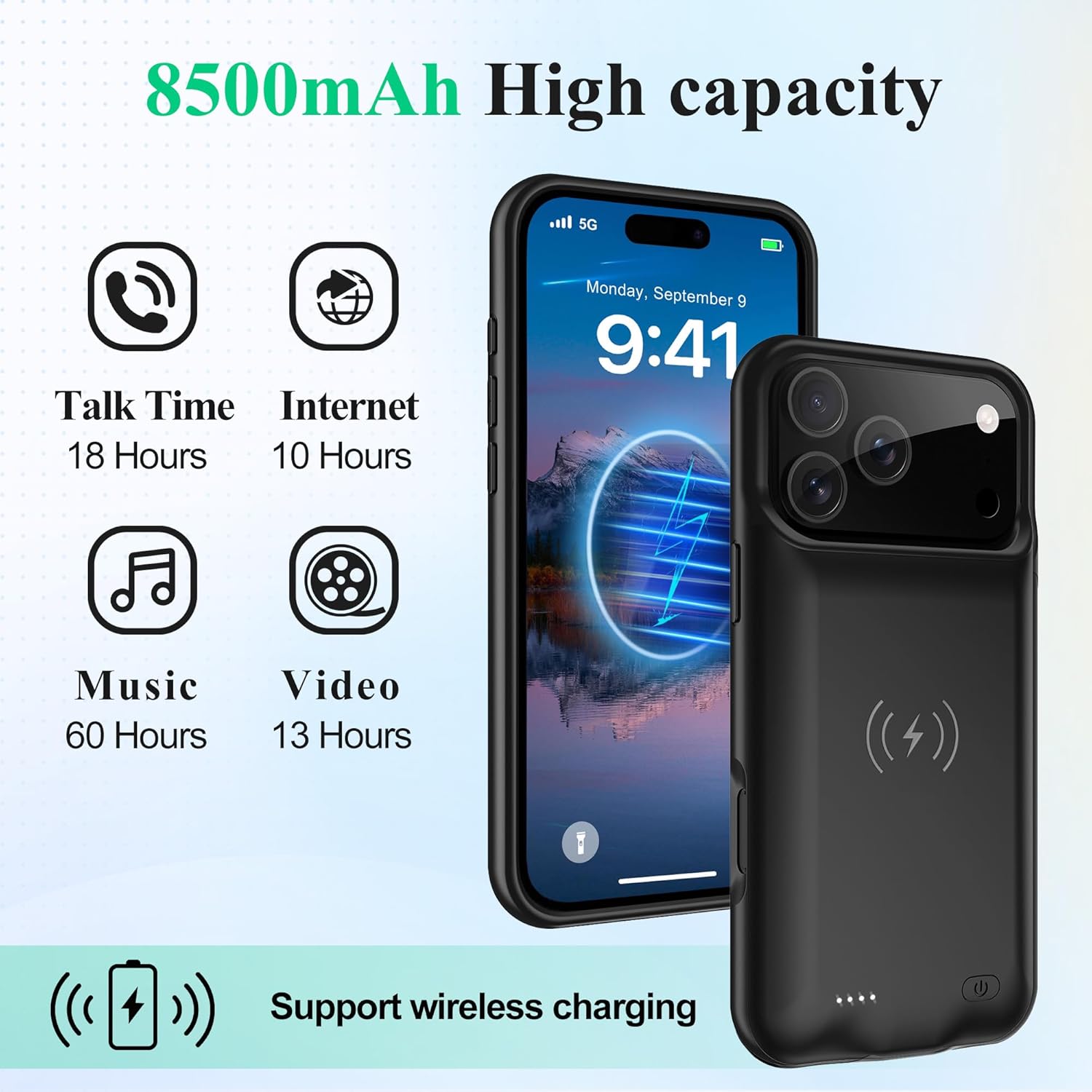 Battery Case Charger Made for iPhone 17 Pro Max, Type-C Ultra Slim Protective Charging Case, Wireless Slim 8500mAh Portable Rechargeable Charger - Black (2025)