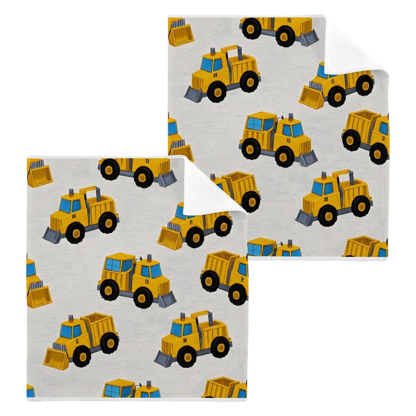 ALAZA Wash Cloth Set 100% Cotton Fingertip Towels Face Cloths Sets Bulldozer Cartoon Highly Absorbent Soft Feel Set of 2