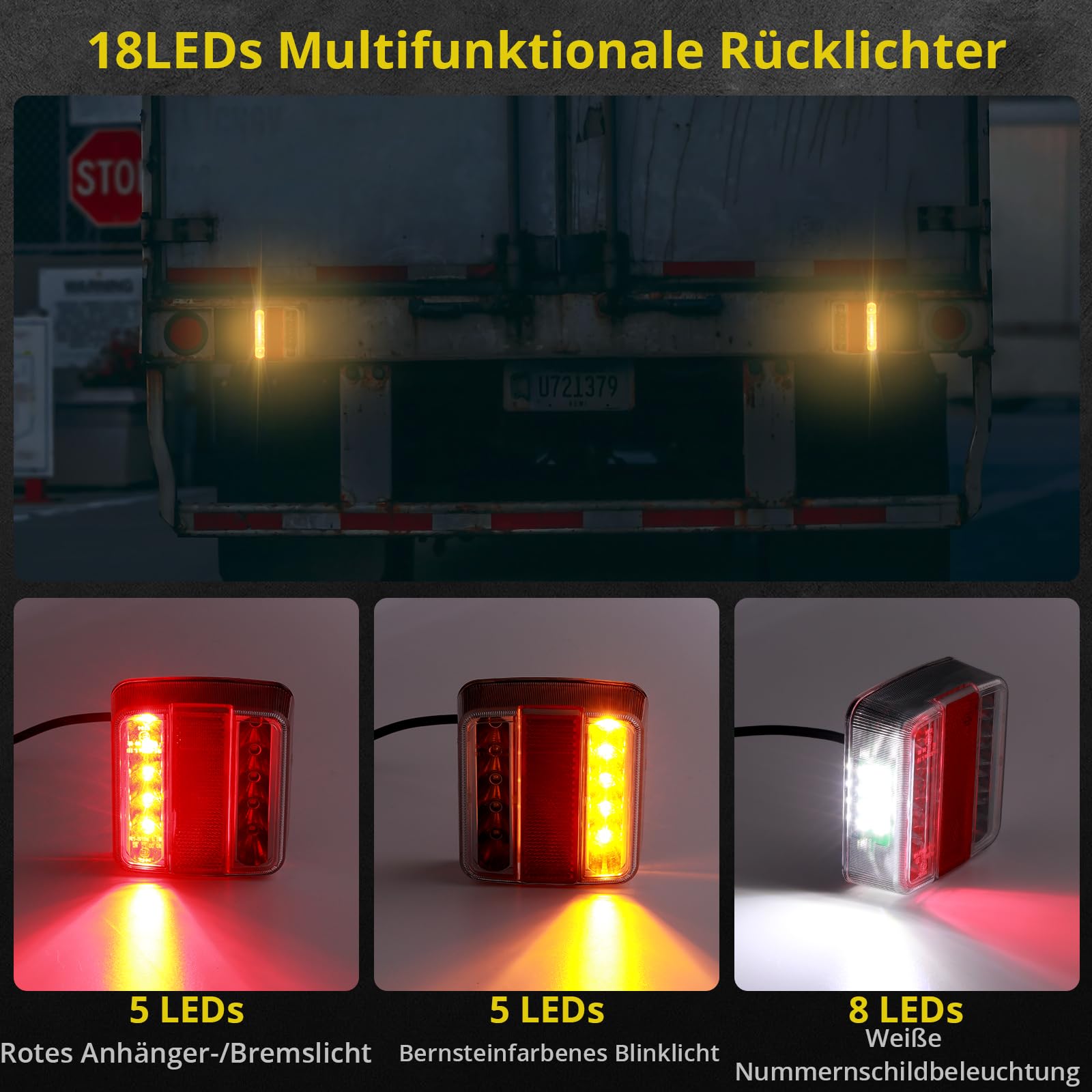 PROZOR LED Rückleuchte Set 12V Anhänger Beleuchtung 18 LEDs Verkabelt Rücklicht Set mit Magnet 7,5m Kabel 7 Polig Anhängerbeleuchtung Rückleuchte IP65 Wasserdicht E11 ECE