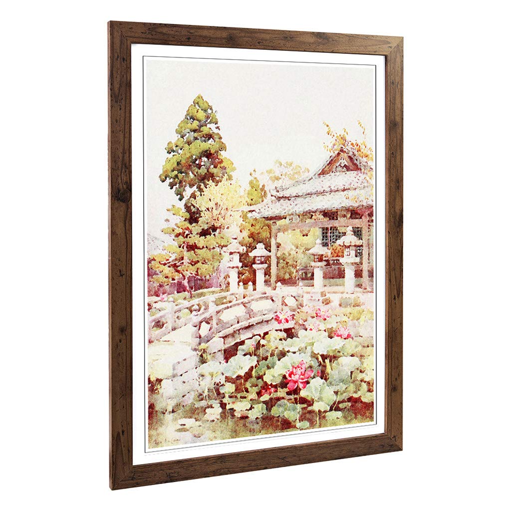 Big Box Art Framed Print of Ella Du Cane Japanese Oriental Lotus at Kyomidzu Design | Wall Art Picture| Home Decor for Kitchen, Living Room, Bedroom, Hallway, Walnut, A2 / 24.5x18 Inch / 62x45cm