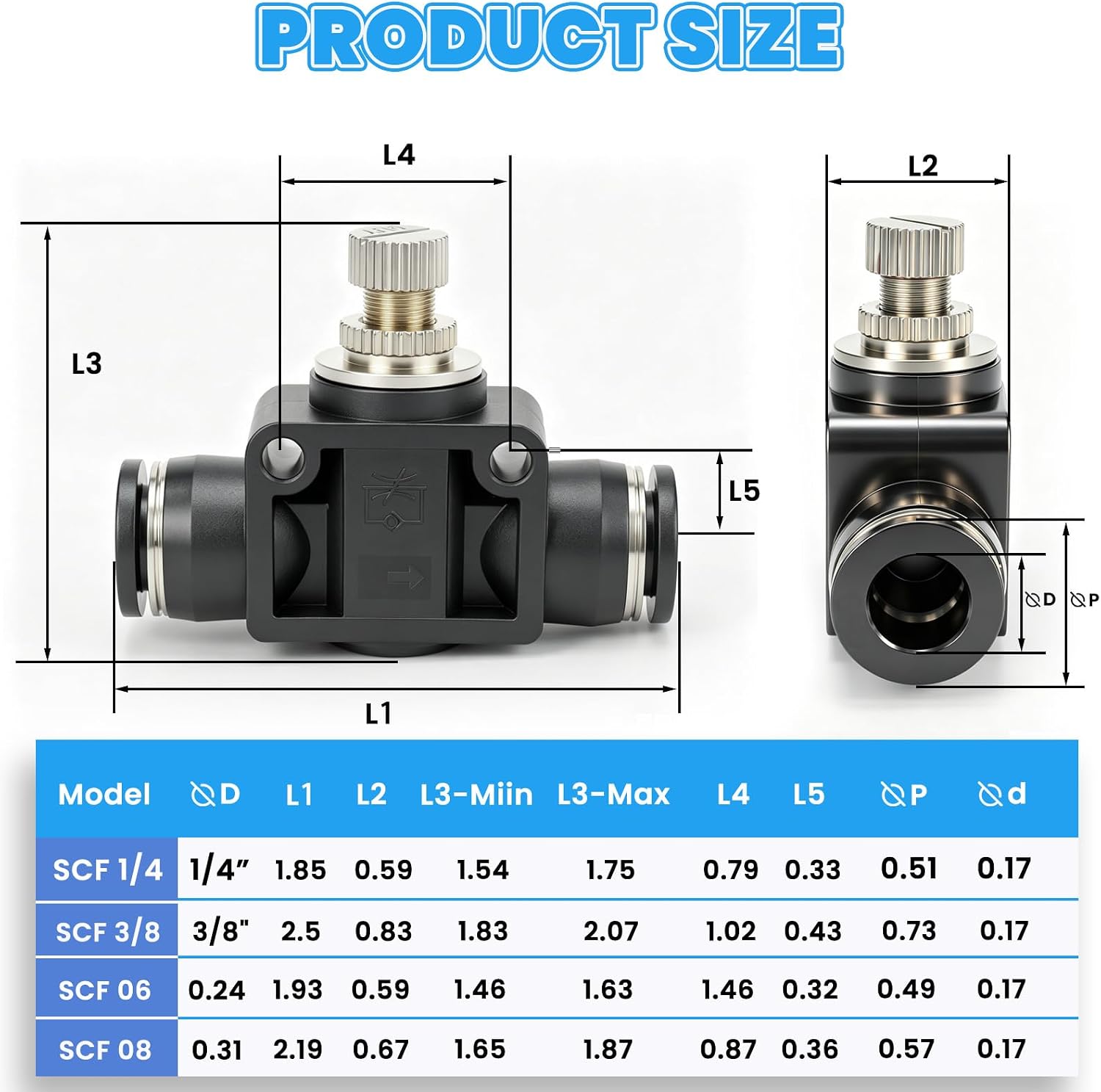 Air Flow Control Valve, 3/8" Push to Connect Inline Flow Controller with Speed Regulator, for 3/8" OD Tubing, Straight Union Fitting (Pack of 2) (3/8"OD 2PCS)