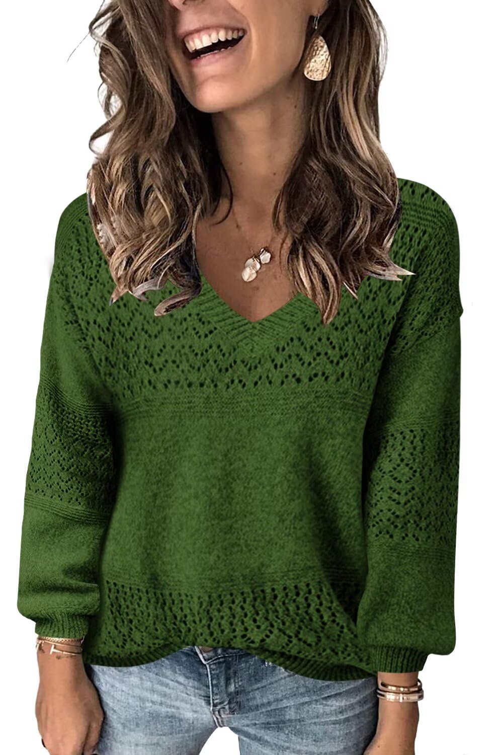 JOCAFIYE Womens Sweaters Casual Long Sleeve V Neck Pullover Sweater Tops
