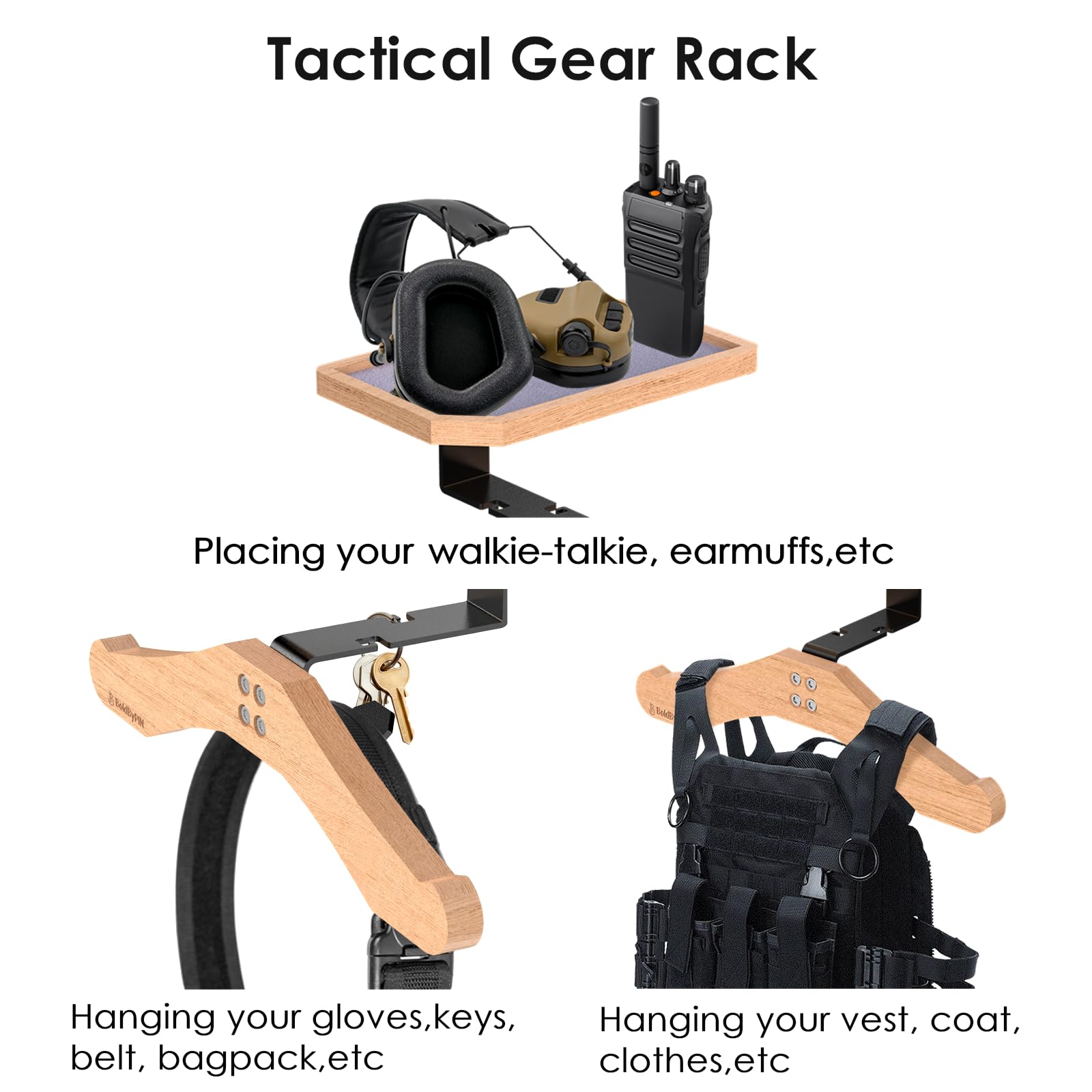 Tactical Vest Hanger- Solid Wood Tactical Gear Rack with Top Wooden Holder Tray for Walkie-Talkie,Earmuffs - Multifunction Tactical Gear Wall Mount for Motorcycle Football Skating Gear