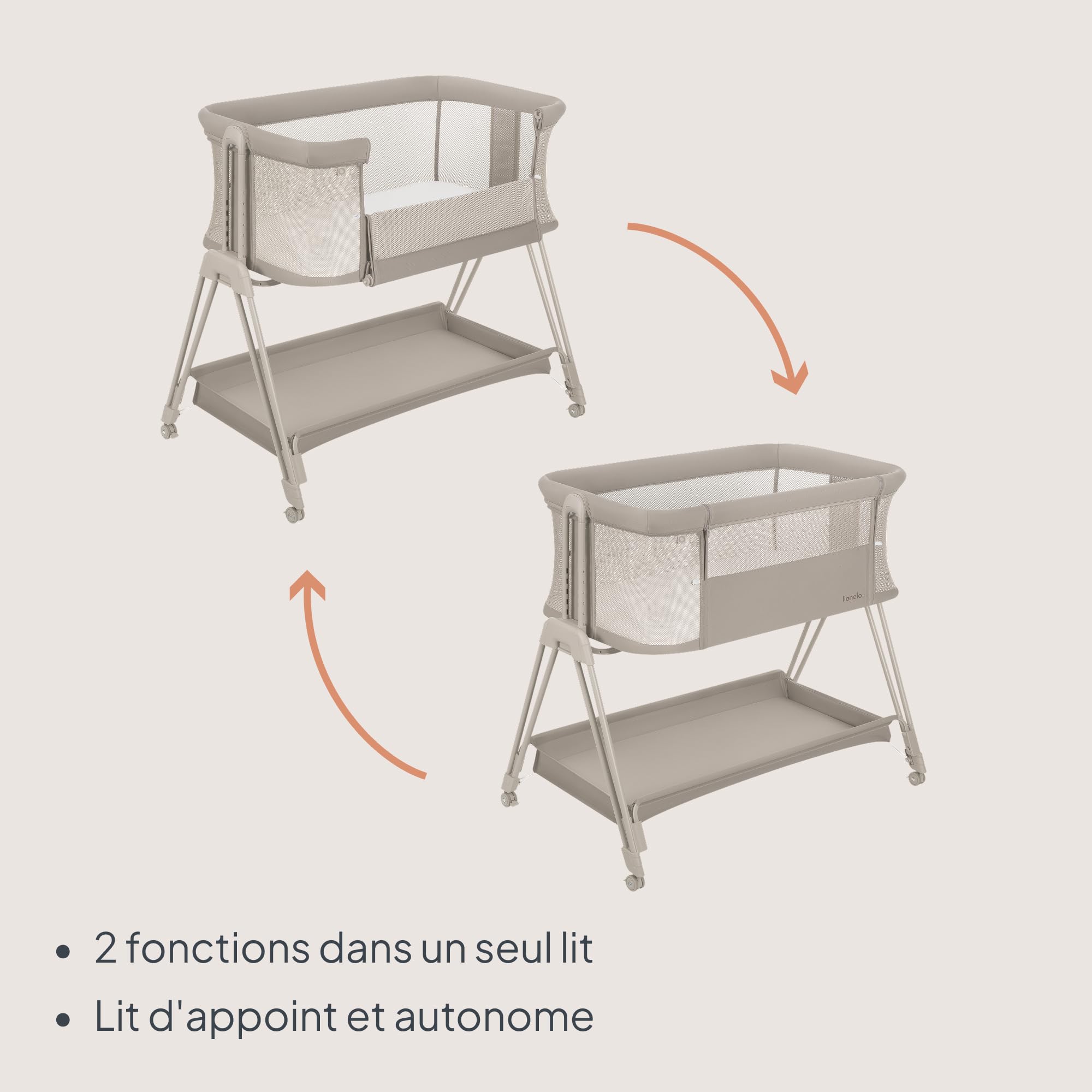 lionelo Luna, lit Bebe indépendant, cododo avec Matelas, co-Sleeping, du Nouveau-né à 9 kg. Hauteur et Inclinaison réglables, 4 Roues avec Blocage, Fixation au lit des Parents, aéré (Beige)