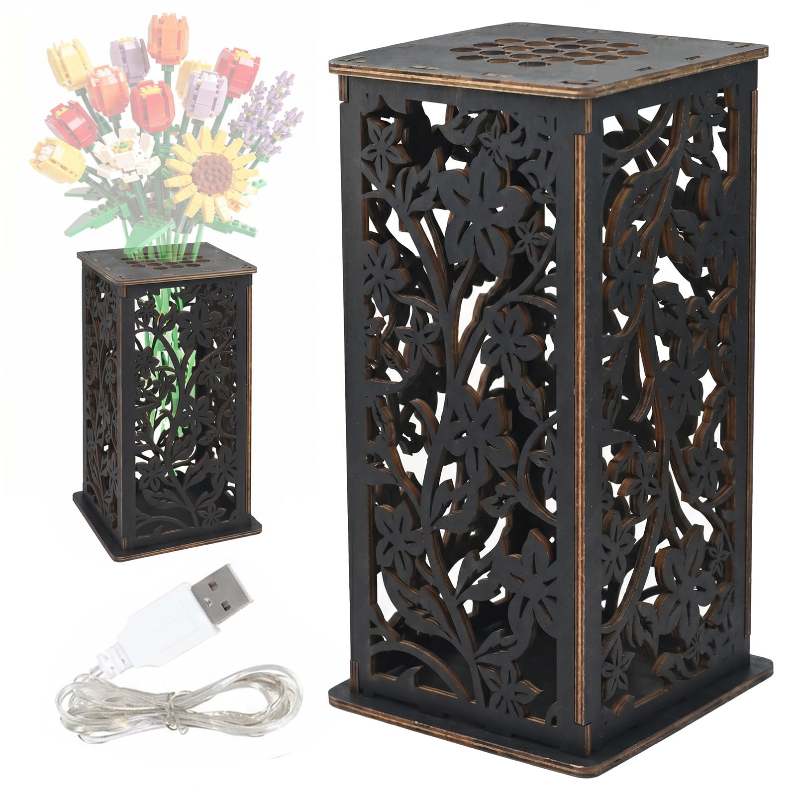 Wooden Vase for Lego Flowers - Display Stand for Lego Flower Bouquet with LED light, Puzzle Vases Vases Cool Artistic Carving Vase with Hollow Pattern for FlowersLovers Roses Sunflowers Tulips (Black)