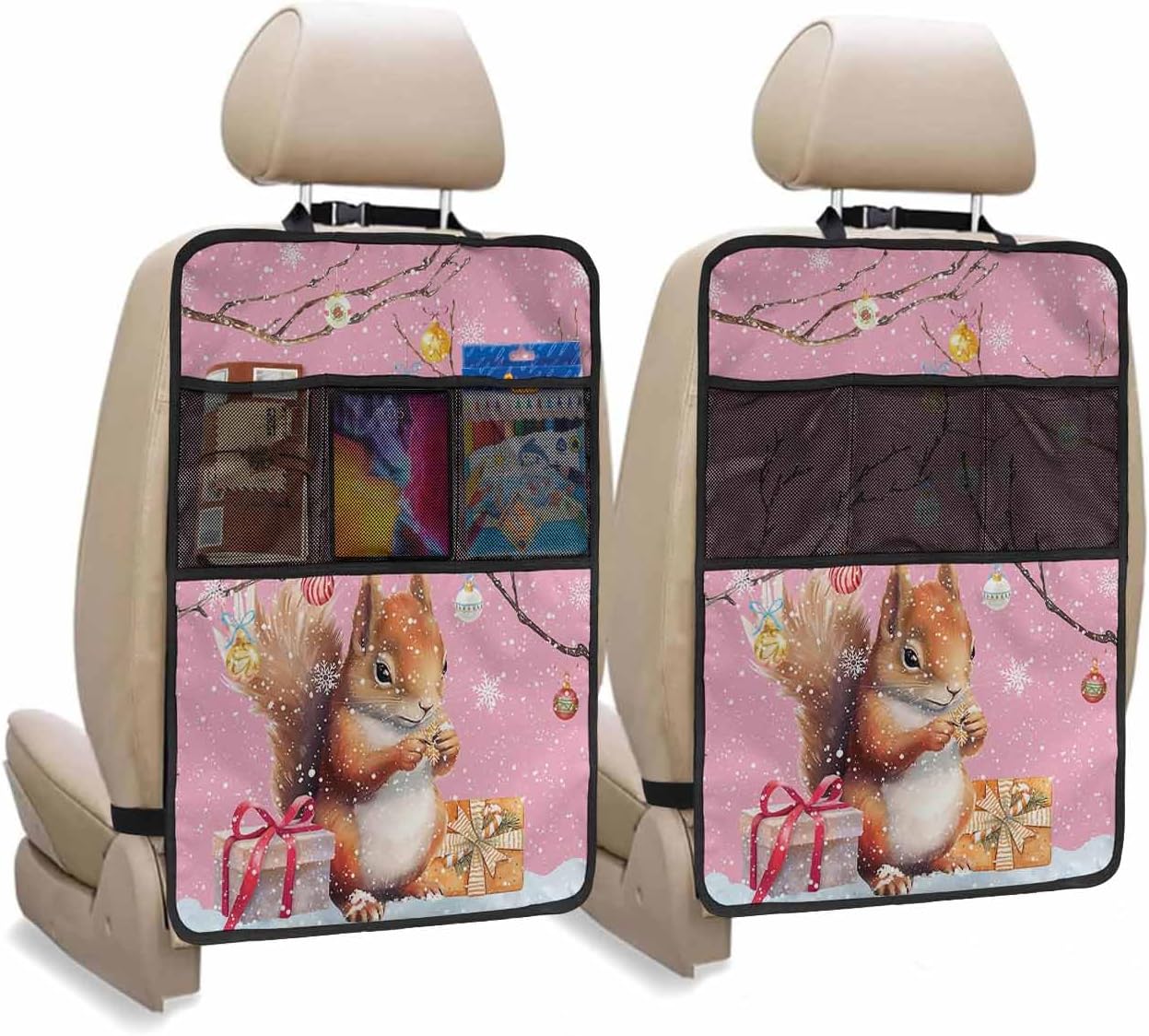 Car Seat Protector, 2 Pack Kick Mats with Organizer - 3 Pocket Storage, Grey Christmas Squirrel with Gifts Xmas Balls Linen Back Seat Cover for Kids Universal Fit Automotive Interior Protectors