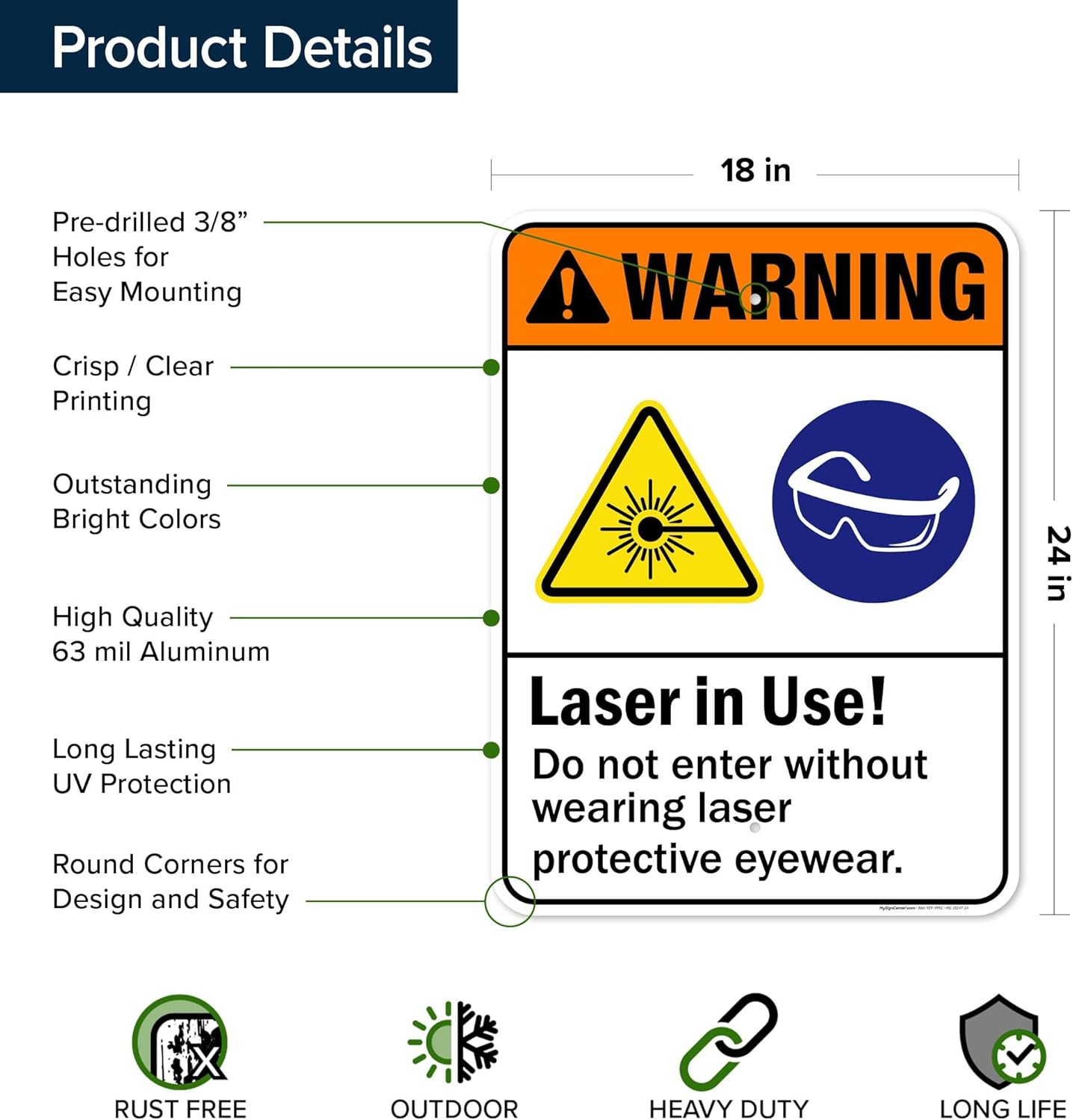 Warning Laser In Use Do Not Enter Without Laser Protective Eyewear Sign, 18x24 Inches, Rust Free .063 Aluminum, Fade Resistant, Made in USA by My Sign Center