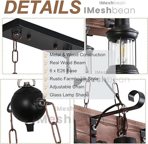 Miniatura 4 de Candelabro rústico de granja para comedor, cocina, isla, luces colgantes de madera industrial, lámpara de techo para sala de juegos, bar, café,