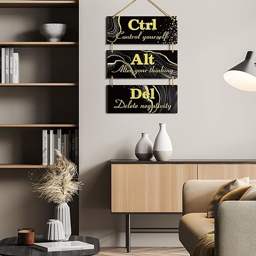 Miniatura 6 de Qunclay Decoración de pared de oficina negra y dorada Ctrl Alt Del inspirador rústico para colgar en la pared, letreros de madera, arte motivacional