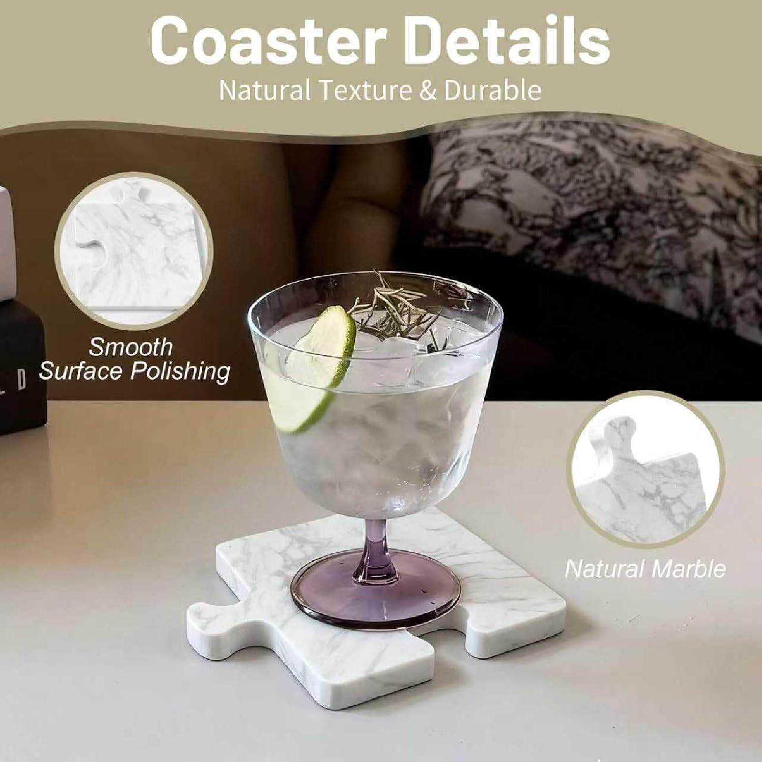 Marble Coasters Set of 4, Aturalux Luxury Aesthetic Modern Decor for Coffee Table, White Mable Real Natural Stone Coasters image 2