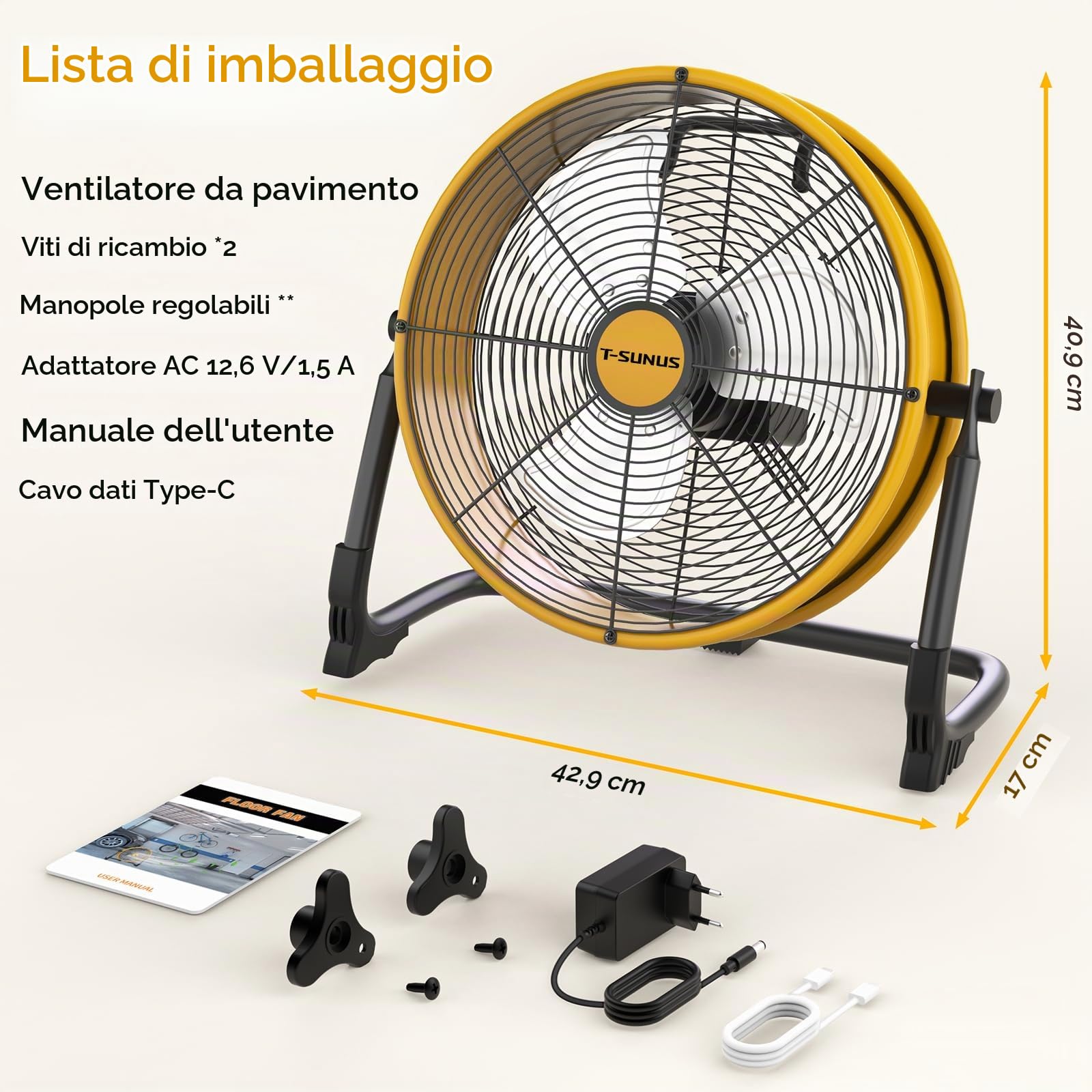 T-SUNUS Ventilatore da Pavimento Silenzioso, Ventilatore Industriale da Pavimento Potente, Ricaricabile tramite USB, Regolazione continua della Velocità per Magazzino Officina Fabbrica Campeggio