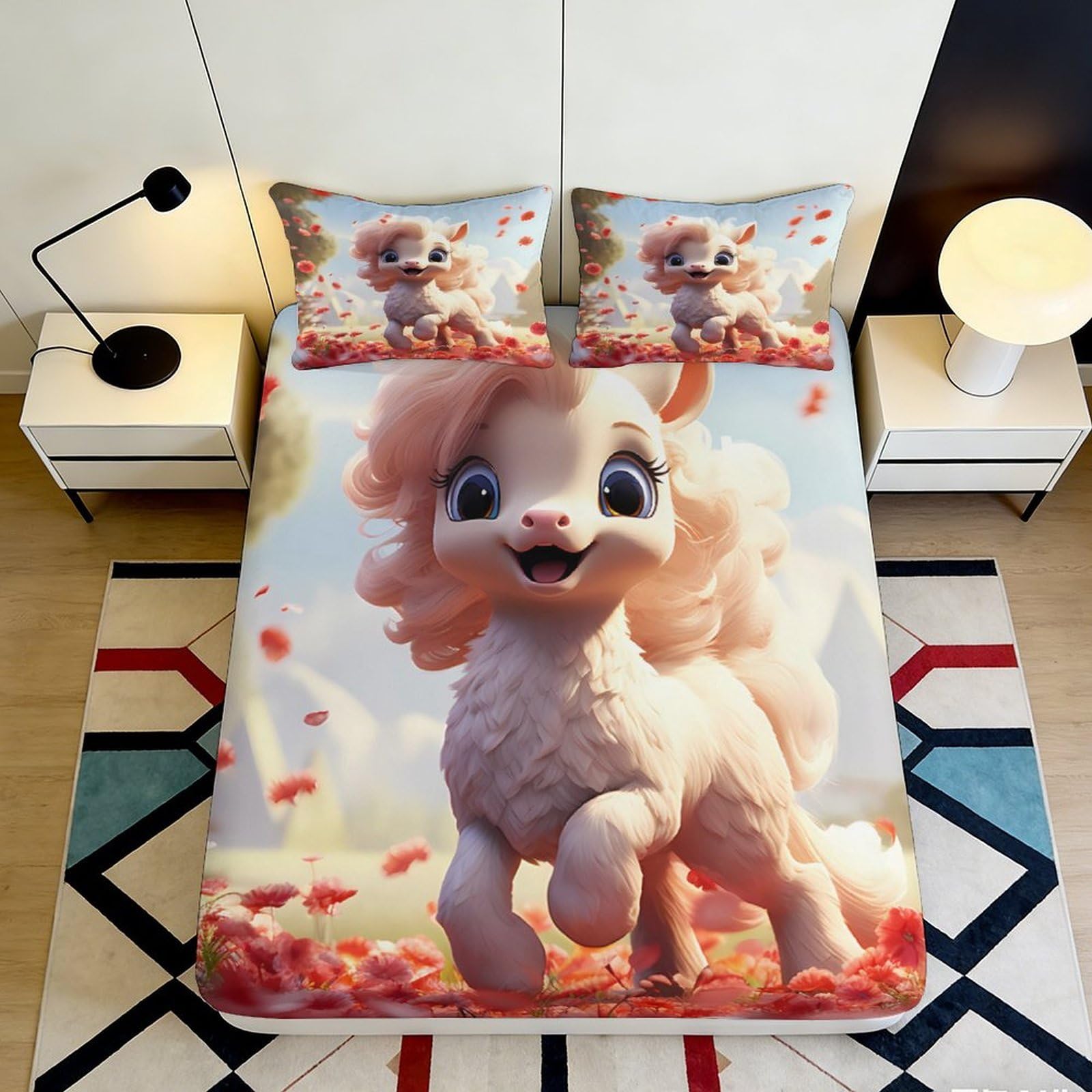 3D Printed Cute Cartoon Alpaca Fitted Sheet Microfiber Anti-Slip Pink Animal Mattress Cover for Bedroom Guest Room Dorm Decor 90x200x25cm
