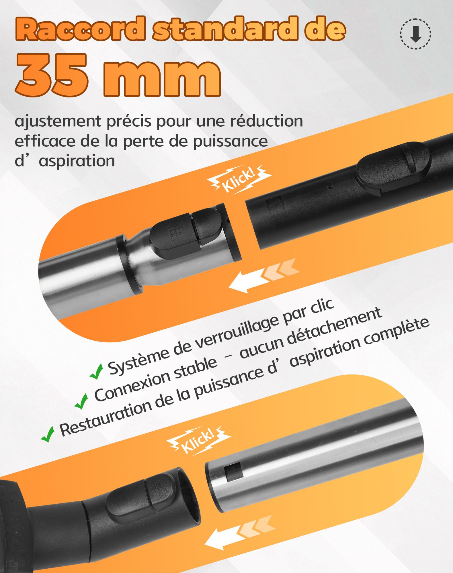 Tube télescopique avec système d’encliquetage et manche pour Miele aspirateur, pièces détachée compatible avec Miele Complete Complete C3, C2, C1, S2, S4, S5, S6, tube télescopique 62–104 cm