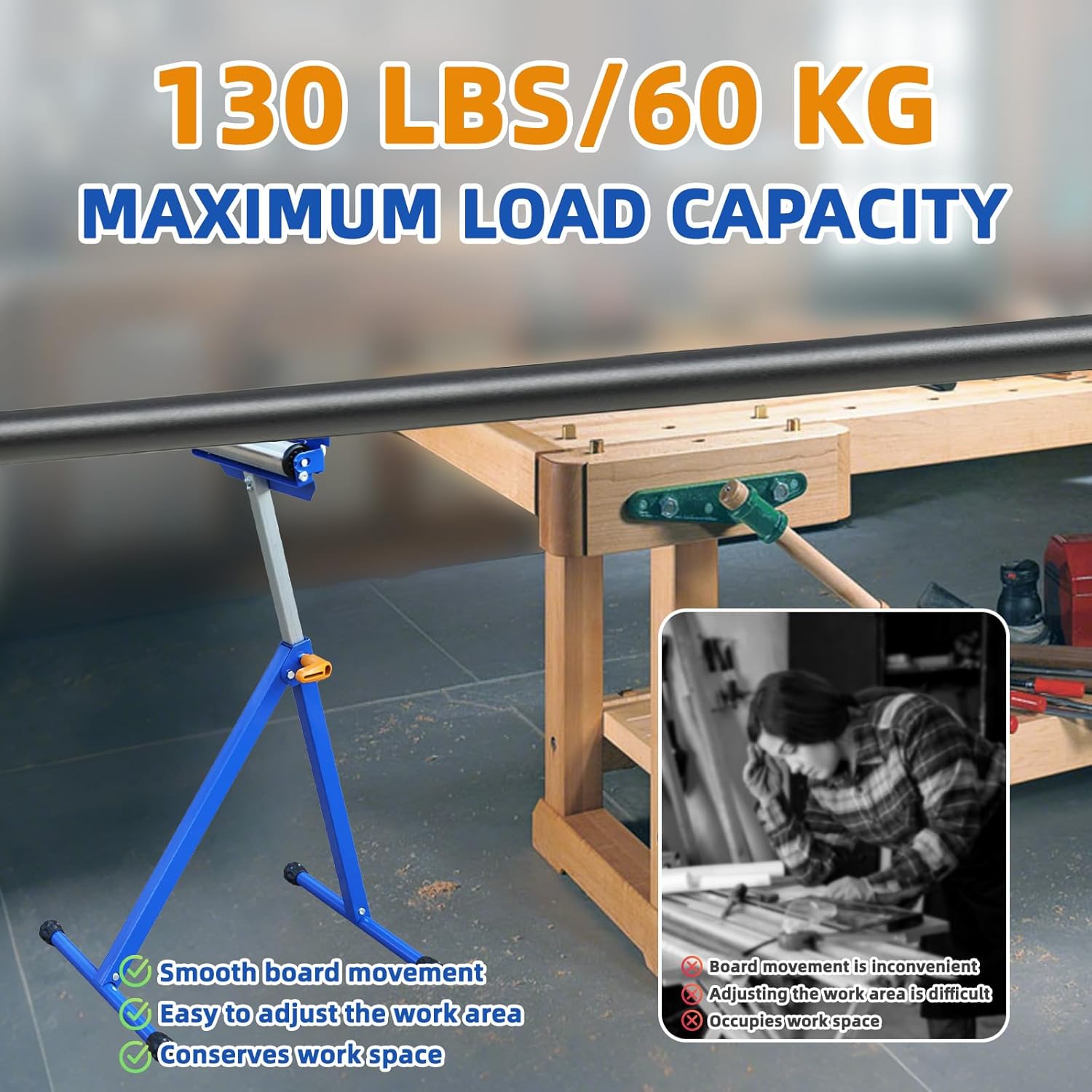 SOONTOOLS 3-in-1 Roller Stand for Woodworking, Adjustable Height 26.77-44.09 In Heavy Duty Stainless Steel Folding Stand with Polished Multi-Directional Material Support for Table Saw, Miter Saw