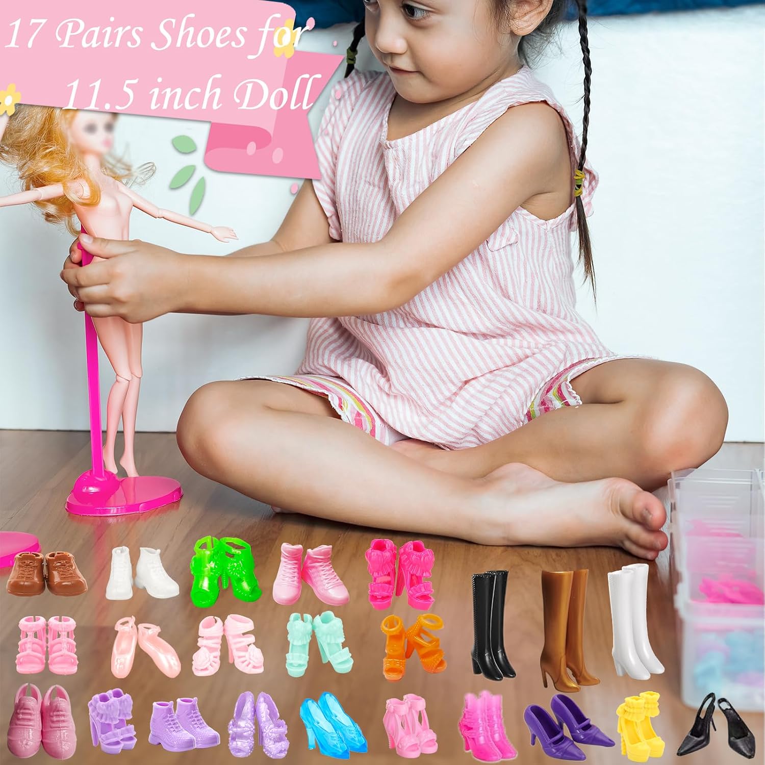 17 Pairs Doll Shoes Accessories for 11.5" Dolls 1/6 Replacement Different Assorted Colors Fashion High Heel Shoes Doll Boots Flat Ballet Sport Shoe Set for 11.5 inch Girl Gift