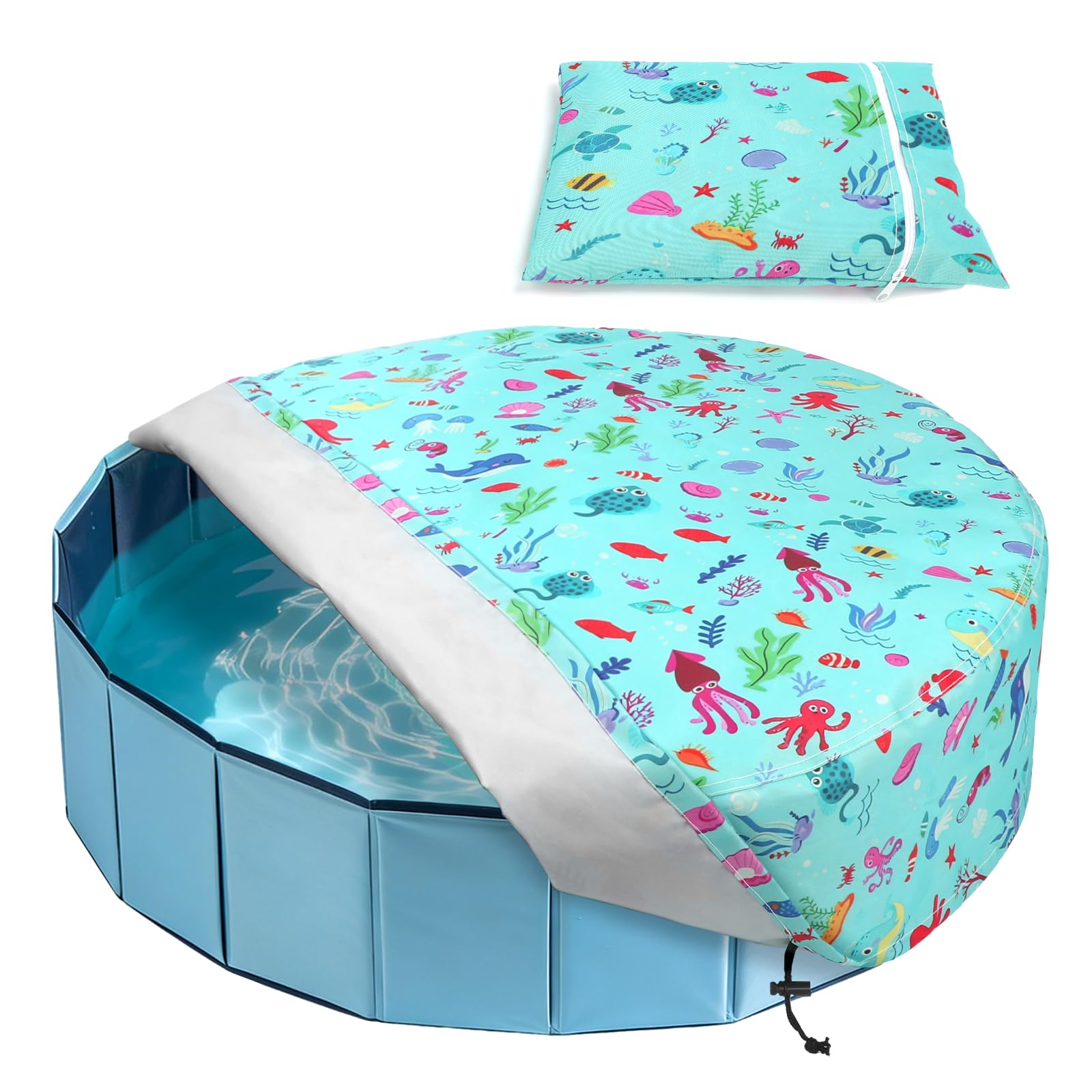 Rypet 55" Dog Pool Cover, Heavy Duty 210D Waterproof Pet Swimming Pool Cover for Outdoor Kiddie Pools & Sandboxes, All-Weather Protective Lid with Adjustable Drawstring & Storage Bag, Round